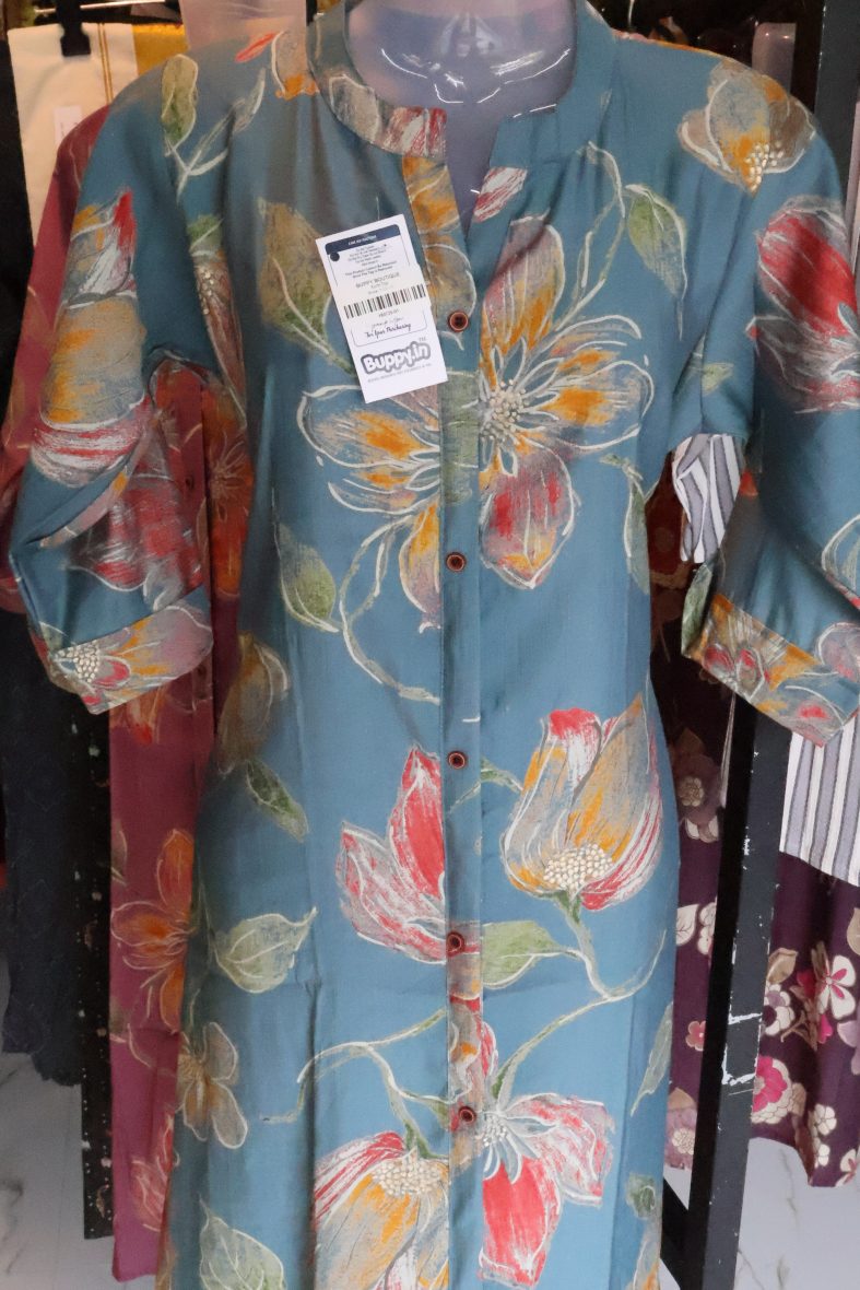 Fresh & Chic – Teal Blue Floral Kurti with Button Detailing