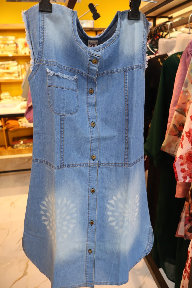 Kids Sleeveless Denim Button-Down Dress with Floral Fade Print