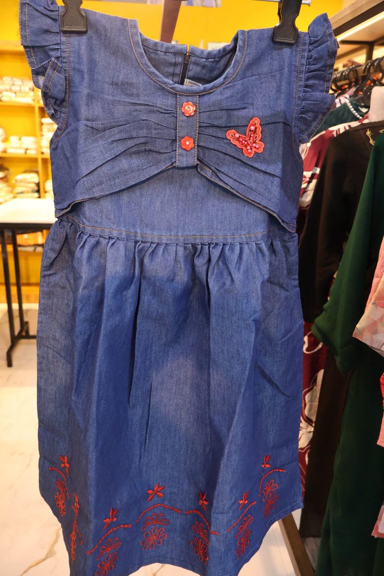 Stylish Denim Frock with Embroidered Butterfly & Floral Hem – Girls Party Wear