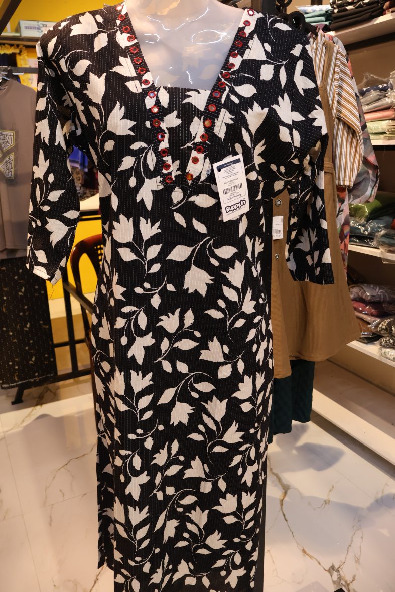 Black & White Floral Printed Kurti with Mirror Work Neckline