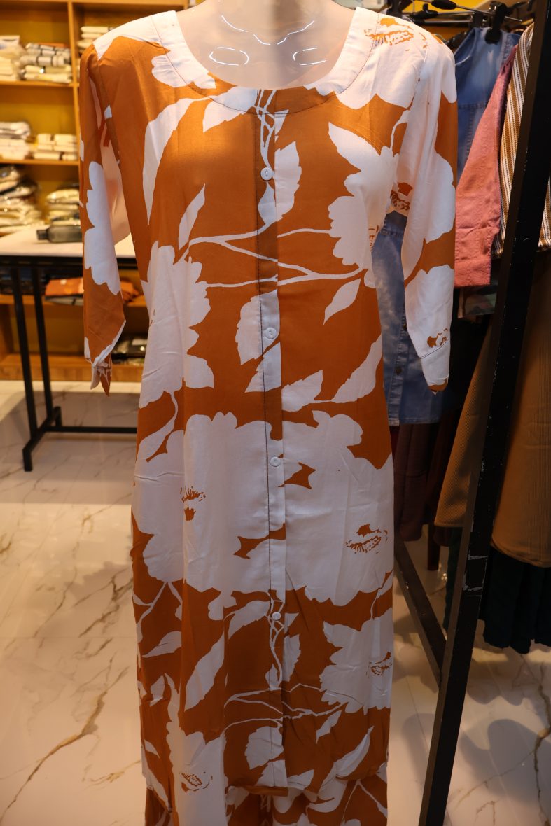 Floral Printed Orange and White Buttoned Coat Set