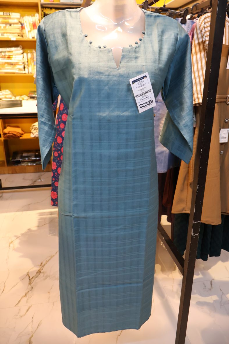Solid Teal Straight Kurti with Decorative Neck Detailing