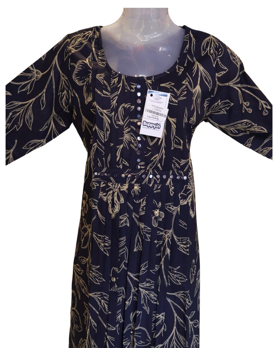 Elegant Navy Blue Floral Kurti with Mirror Work Embellishments