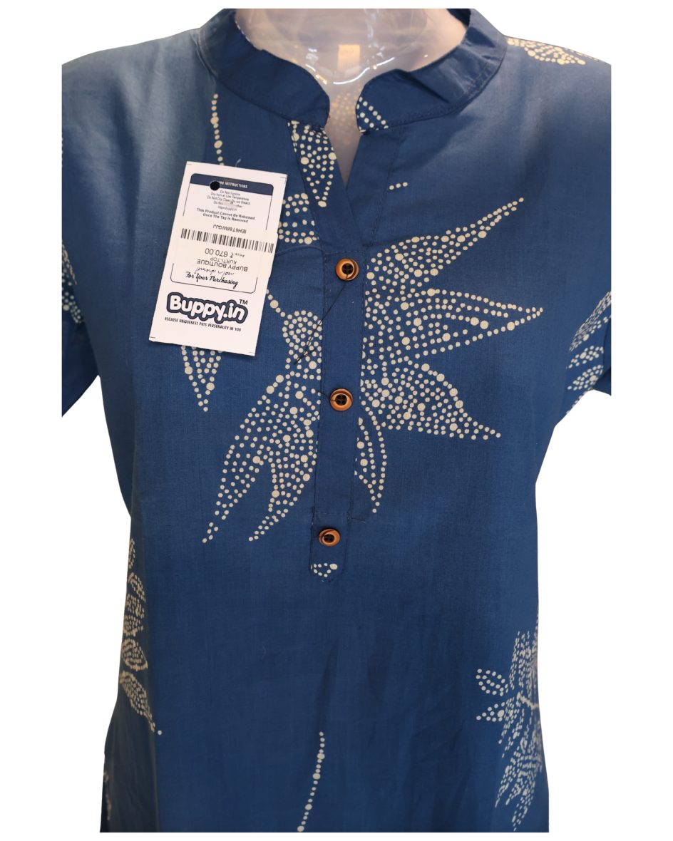 Chic Teal Blue Mandarin Collar Kurti with Batik-Style Prints