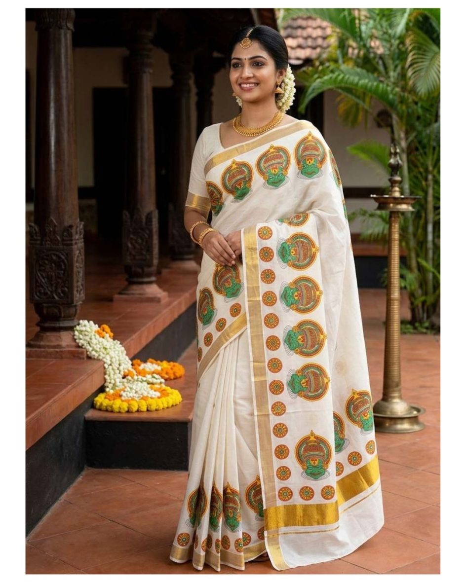 Authentic Kathakali Face Mural Print Kerala Set Saree