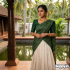 Ready-Made Emerald Green & Off-White Half Saree Set (Size L)
