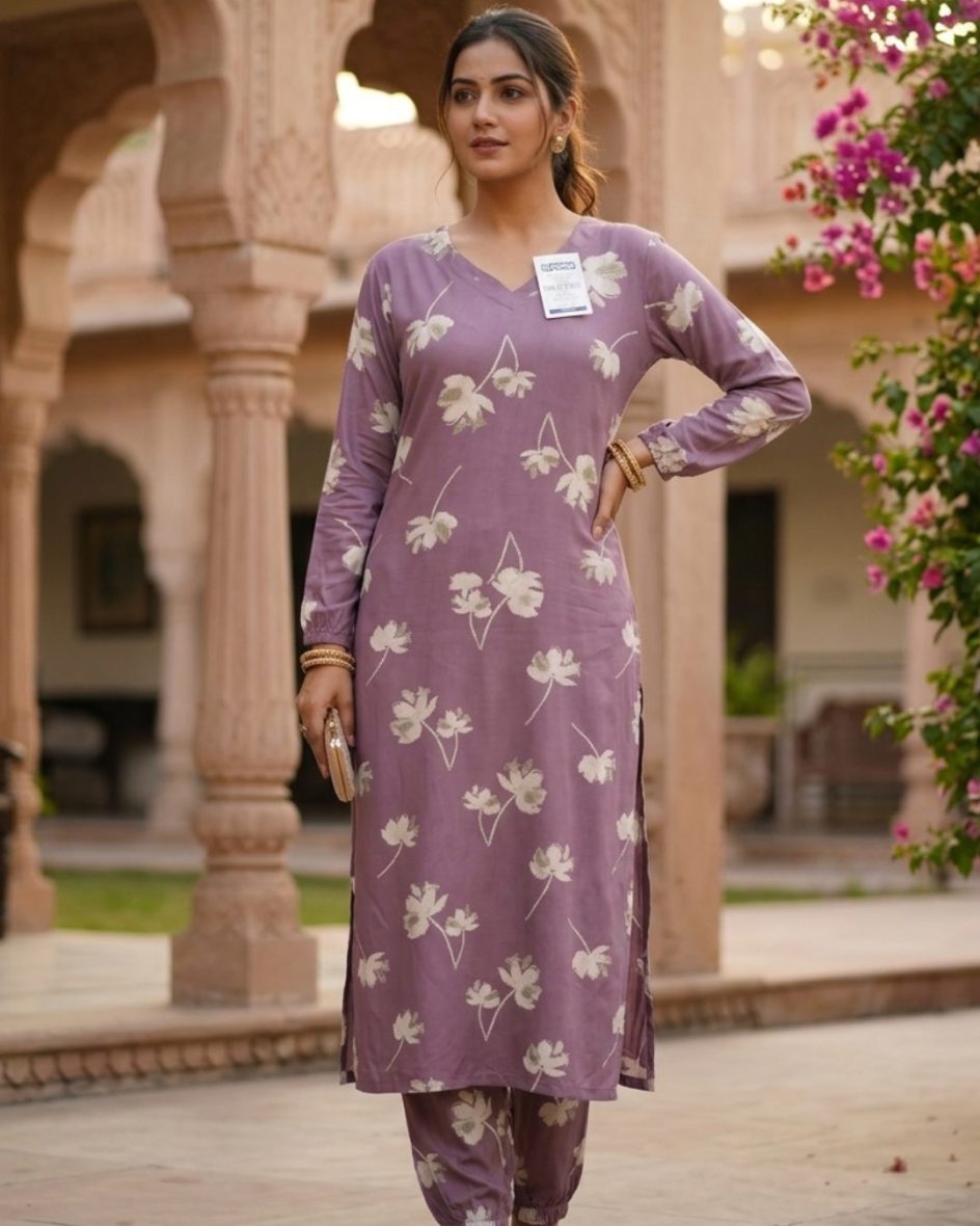 Women’s Mauve-Lavender Floral Print Kurta & Pant Co-ord Set
