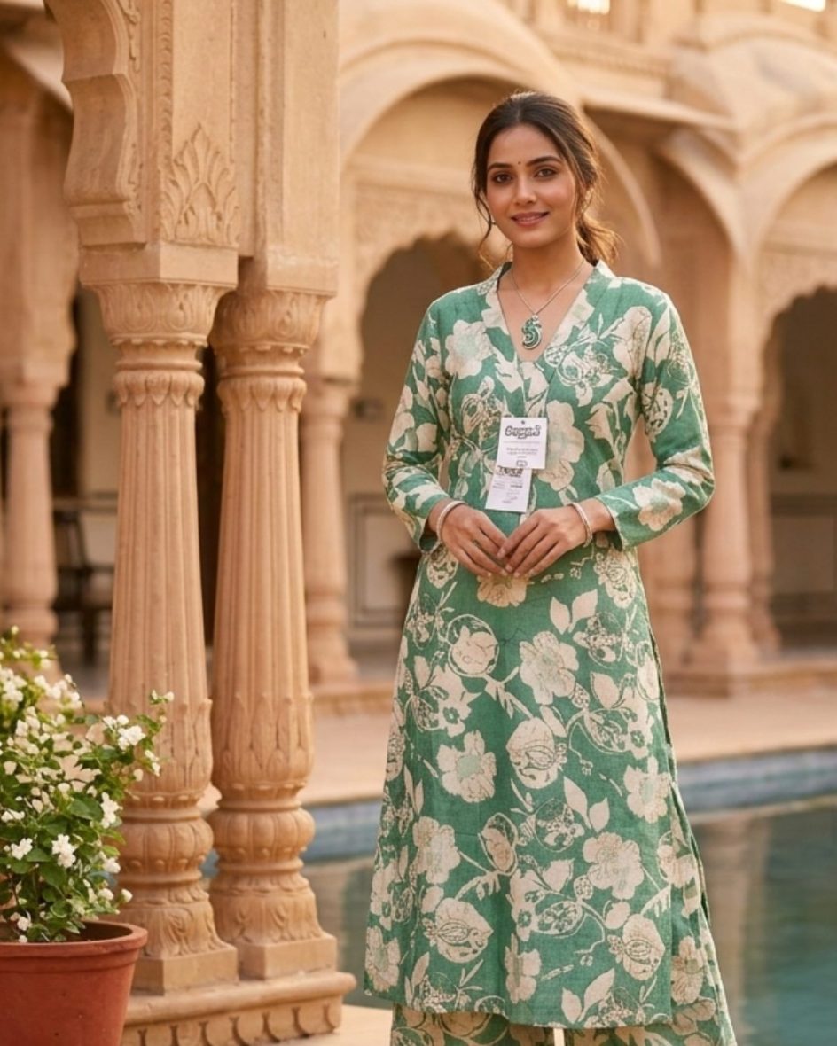 Women’s Sea-Green & Cream Floral Print V-Neck Co-ord Set