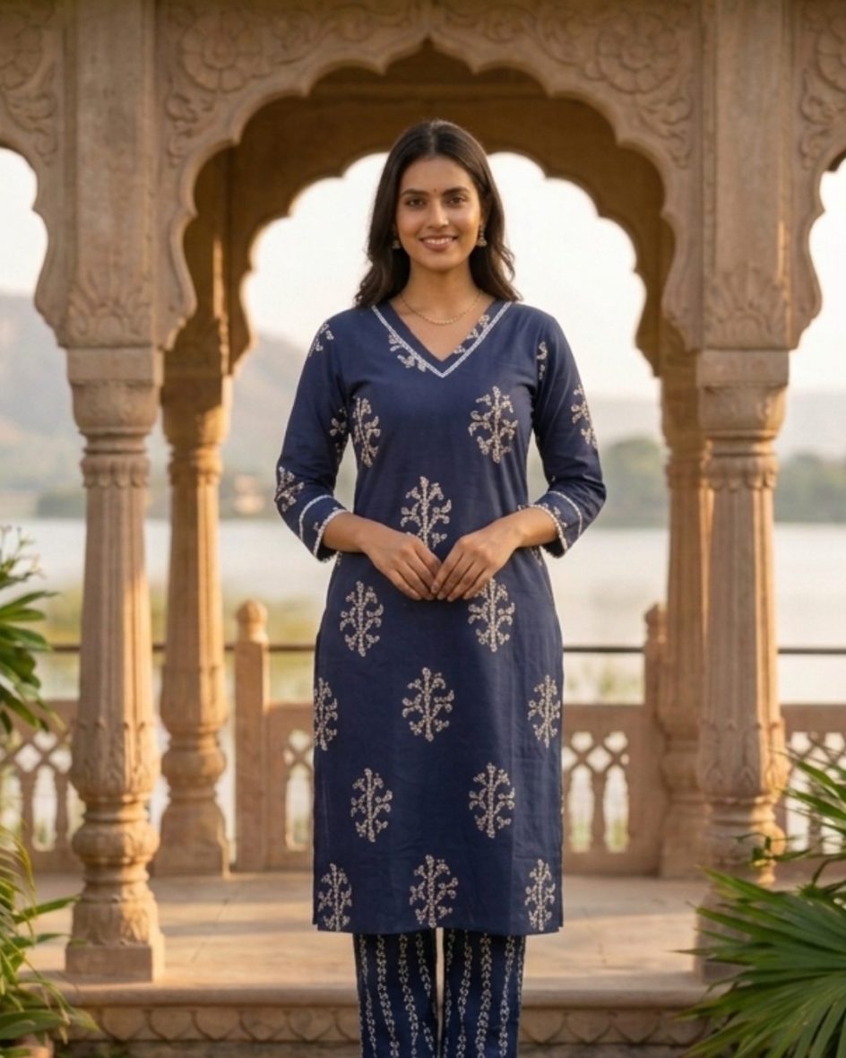 Women’s Navy Blue & Silver Ethnic Motif V-Neck Co-ord Set