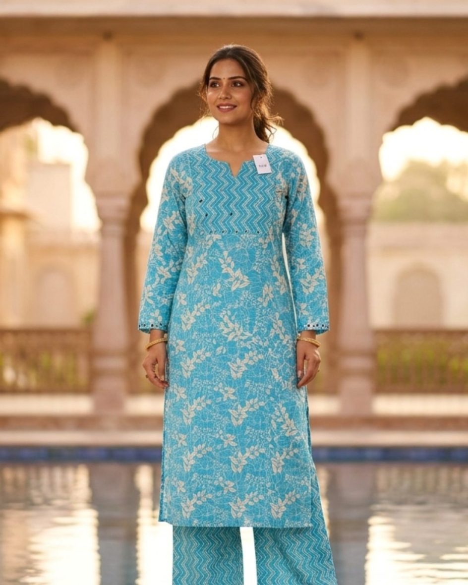 Women’s Sky Blue Floral & Zig-Zag Print Co-ord Set