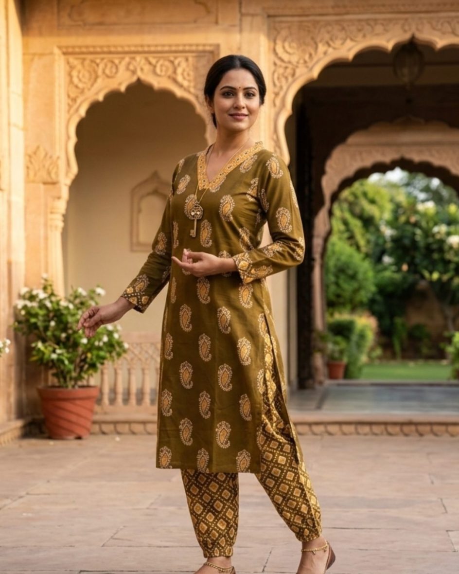 Women’s Olive & Gold Paisley Print V-Neck Co-ord Set