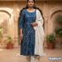 Blue Floral Kurti Set with Beige Trousers & Contrast Dupatta