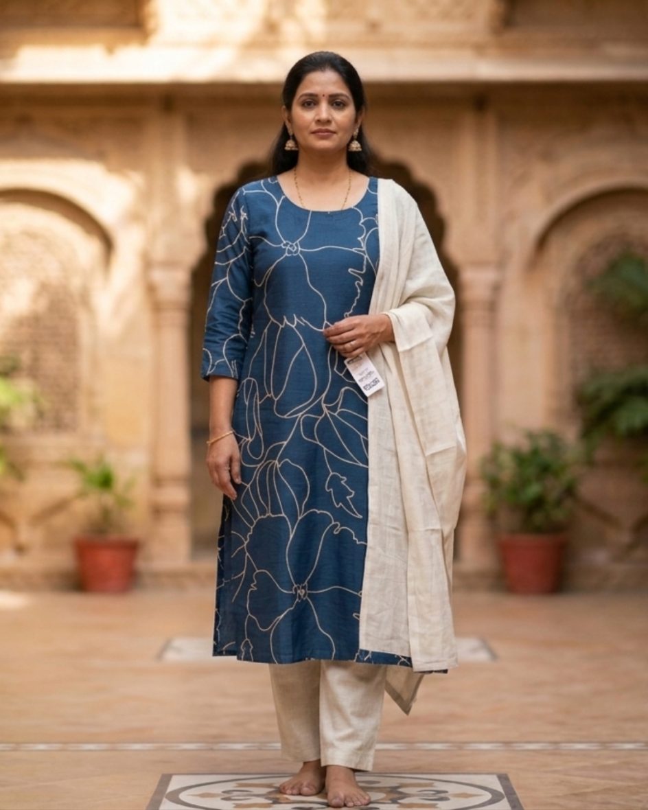 Blue Floral Kurti Set with Beige Trousers & Contrast Dupatta