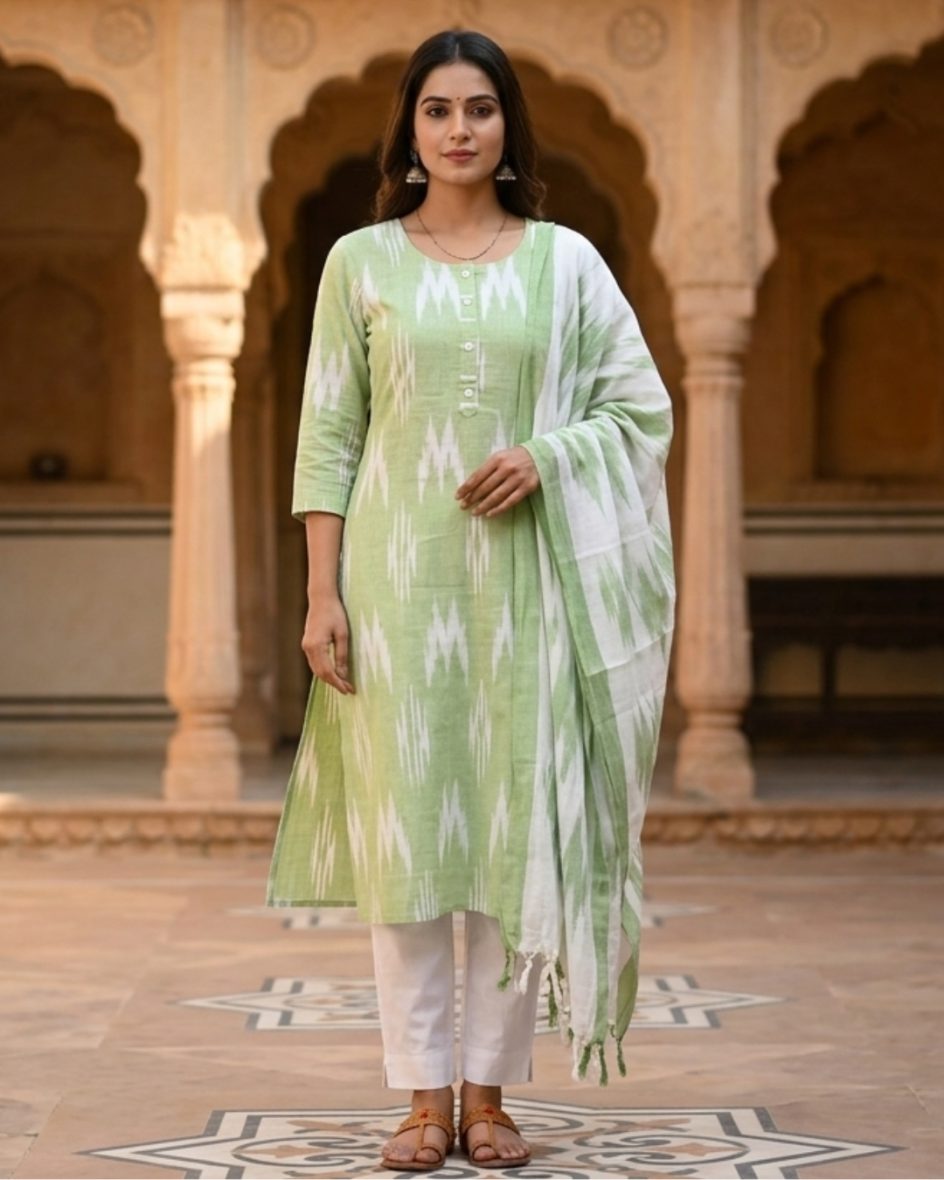Refreshing Pista Green Ikat-Print Kurti Set with Contrast Trousers & Dupatta