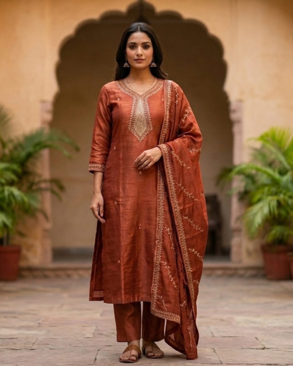 Elegant Silk-Finish Kurti Set with Hand-Worked Yoke & Matching Dupatta