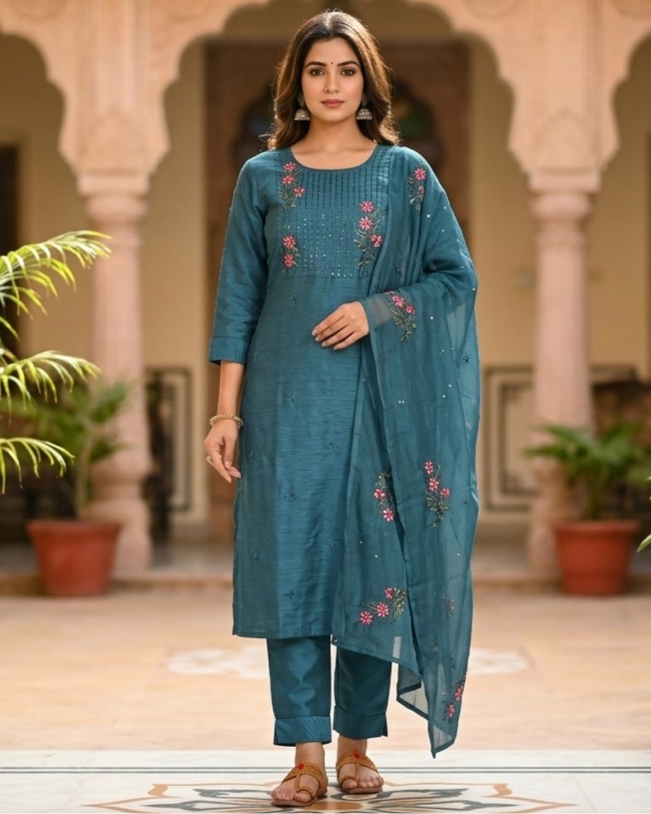 Elegant Teal Blue Silk-Finish Kurti Set with Floral Embroidery & Sequined Yoke
