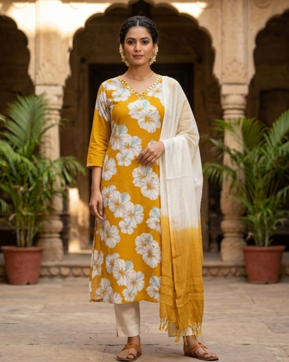 Mustard Yellow Floral Printed Cotton Kurta Set with Dupatta – 3-Piece Ensemble