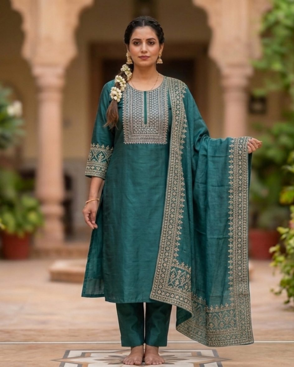 Teal Green Chanderi Silk Embroidered Kurta Set with Dupatta – 3-Piece Festive Ensemble