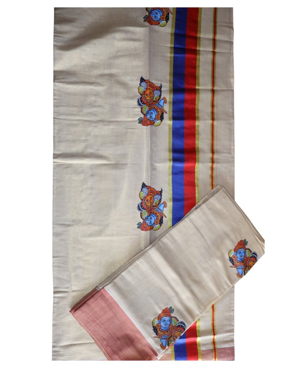 Kerala Traditional Krishna Mural Print Set-Mundu