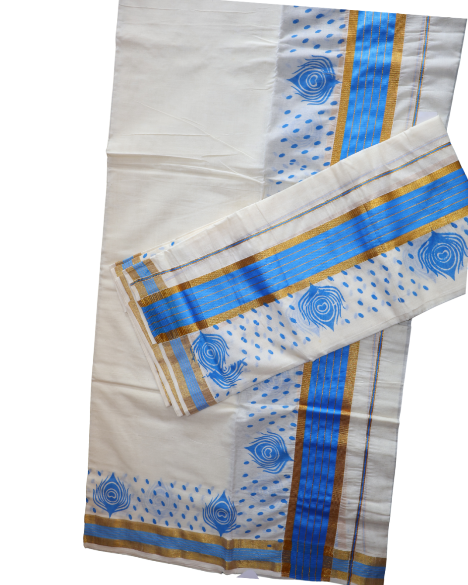 Kerala Traditional Peacock Feather Print Set-Mundu