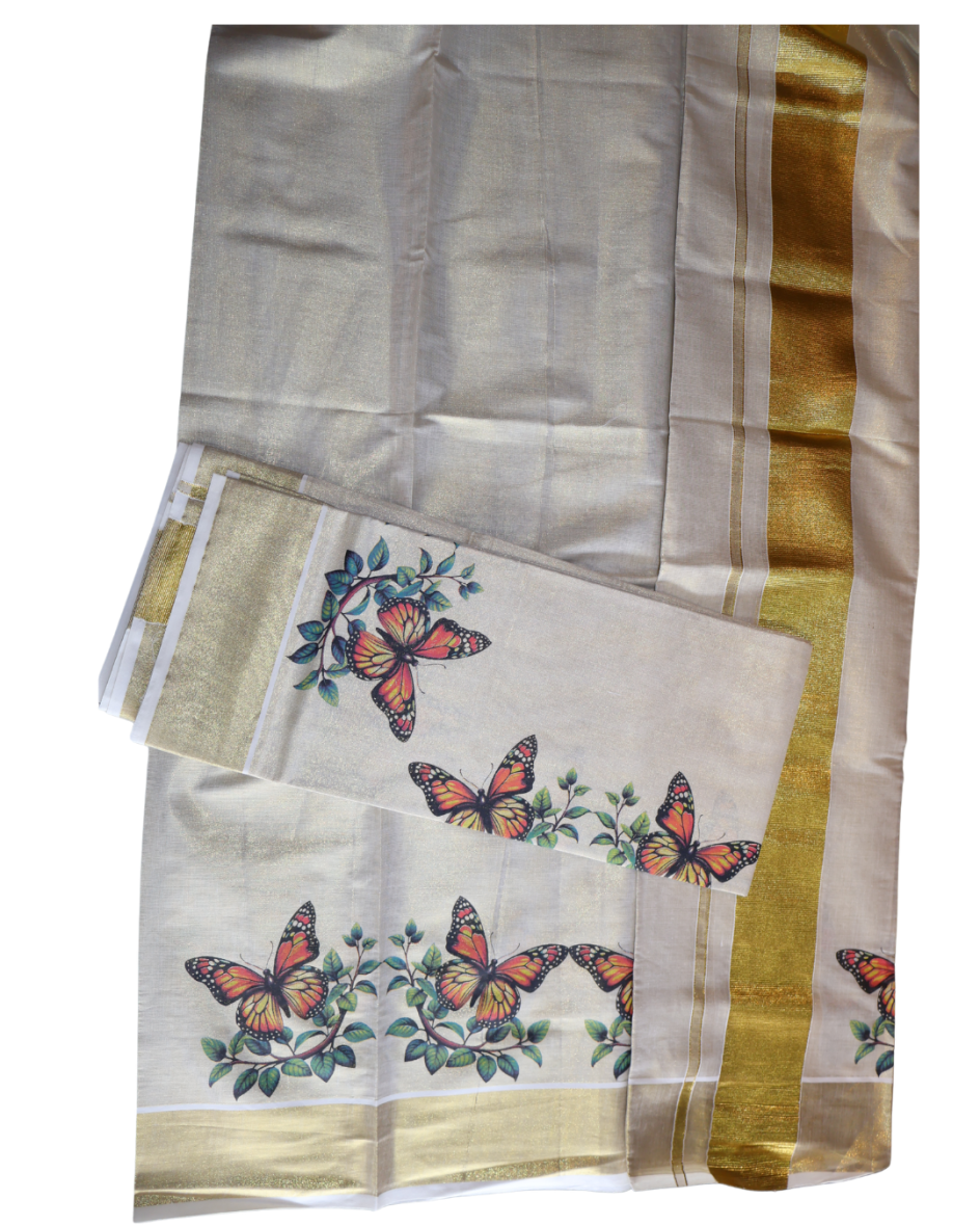Kerala Traditional Butterfly Print Set-Mundu