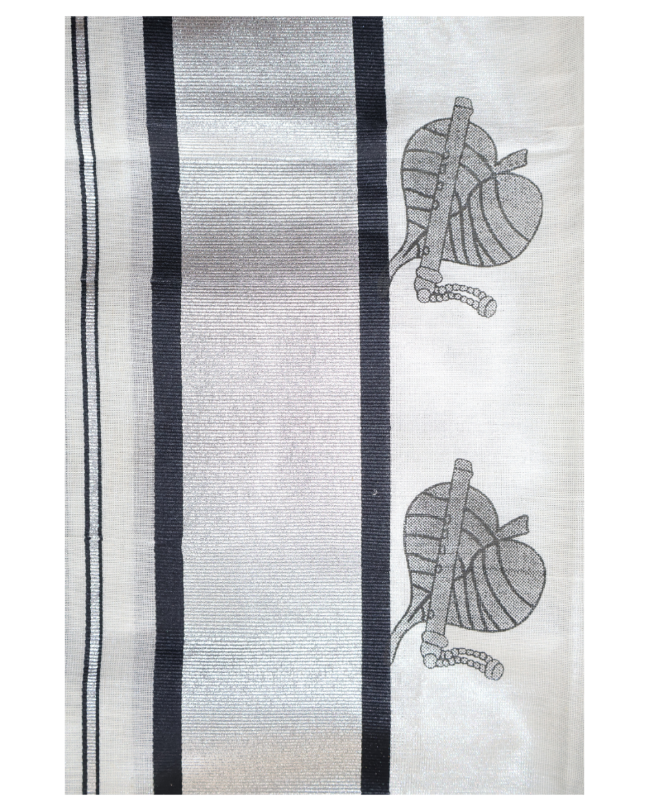 Kerala Traditional Silver Kasavu Set-Mundu – Krishna Theme