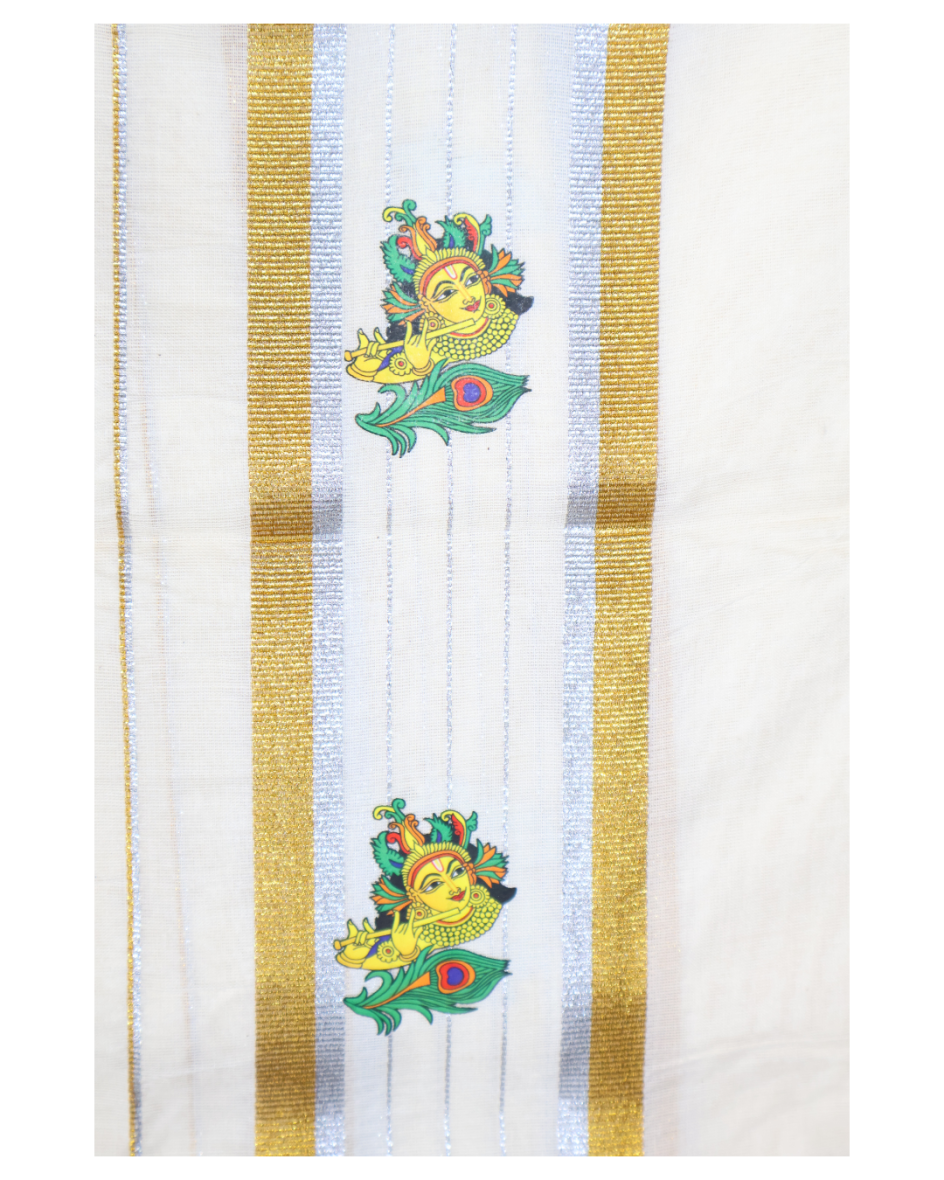 Kerala Traditional Set-Mundu with Designer Blouse Piece – Krishna Theme
