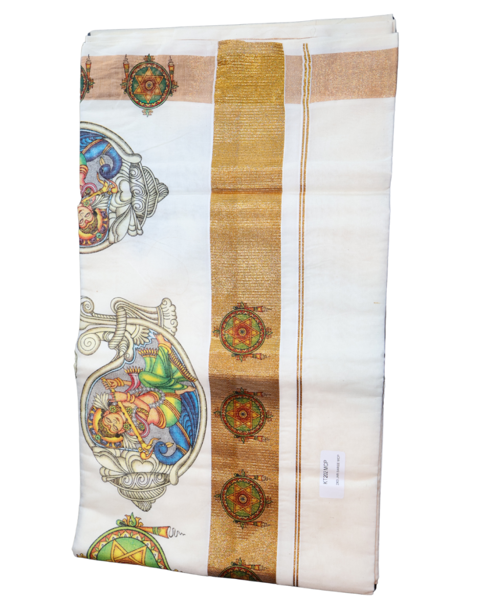 Lord Krishna & Sacred Mandala Mural Print Kerala Set Saree