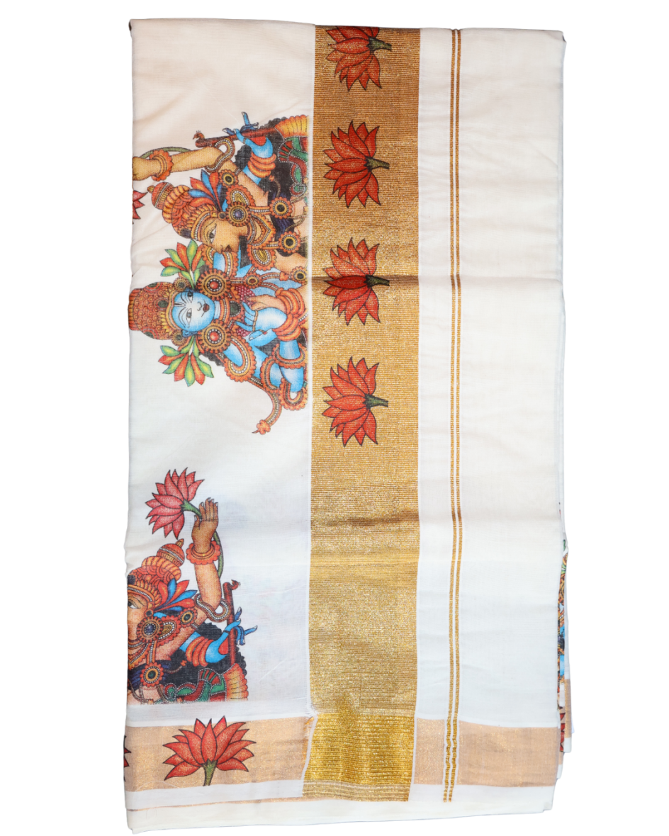 Radha-Krishna & Lotus Mural Print Kerala Set Saree