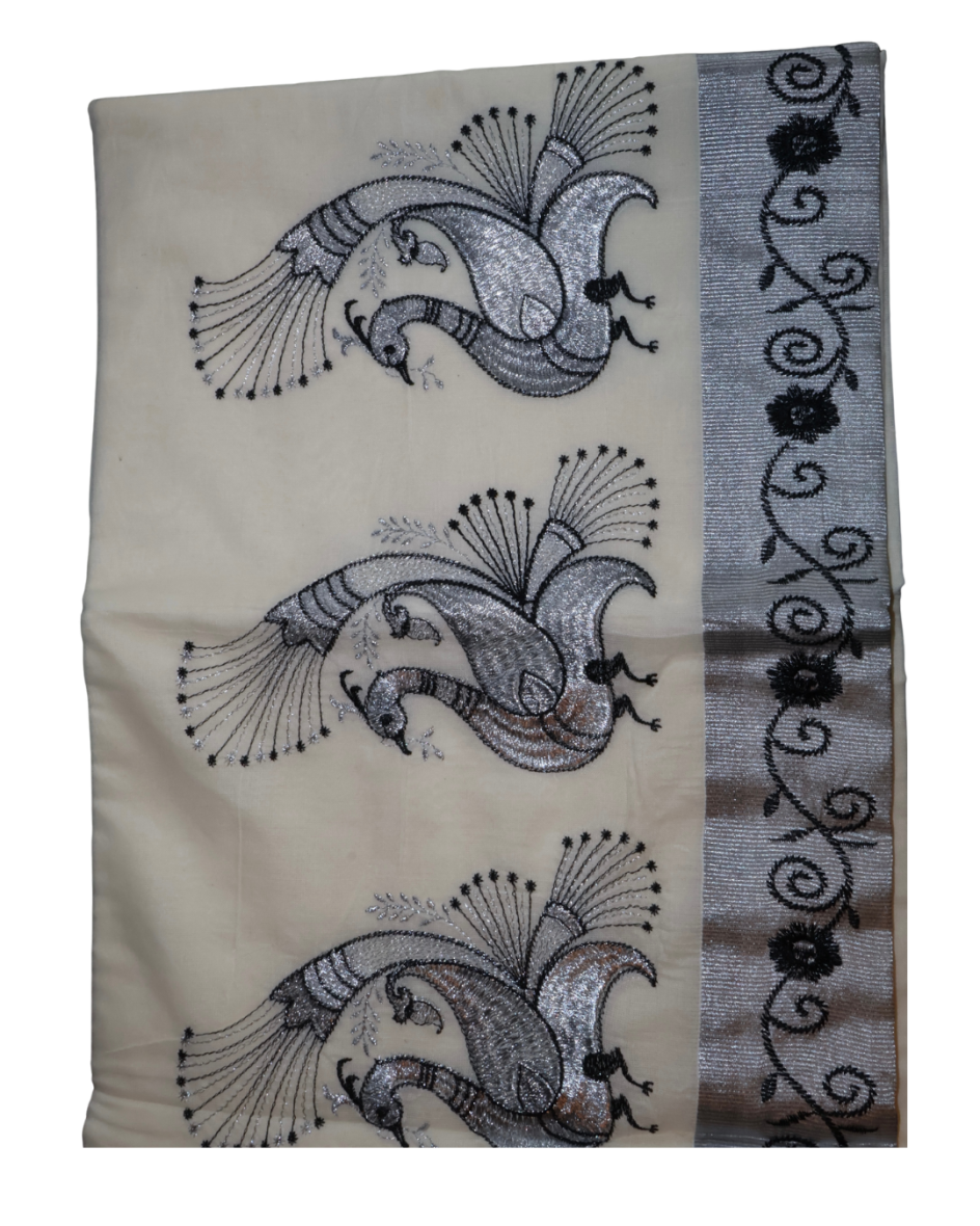Kerala Traditional Silver Peacock Embroidery Set Saree-with Blouse