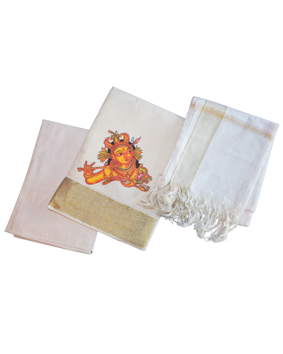 Lord Krishna Mural Print Kerala Churidar Material Set