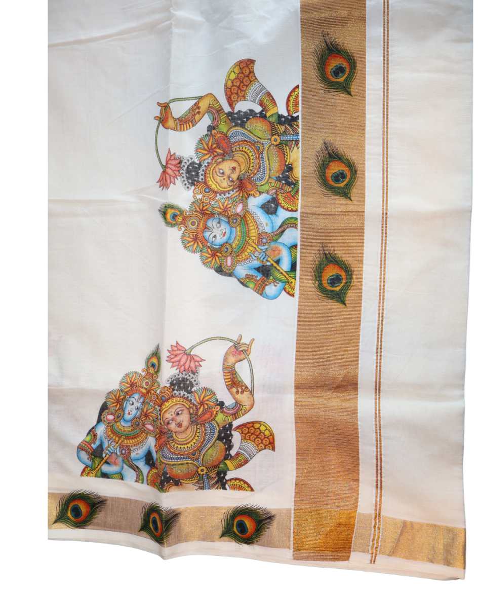 Radha-Krishna Mural Print Kerala Set Saree