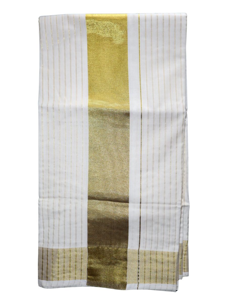 Kerala Traditional Vertical Gold Pinstripe Set Saree