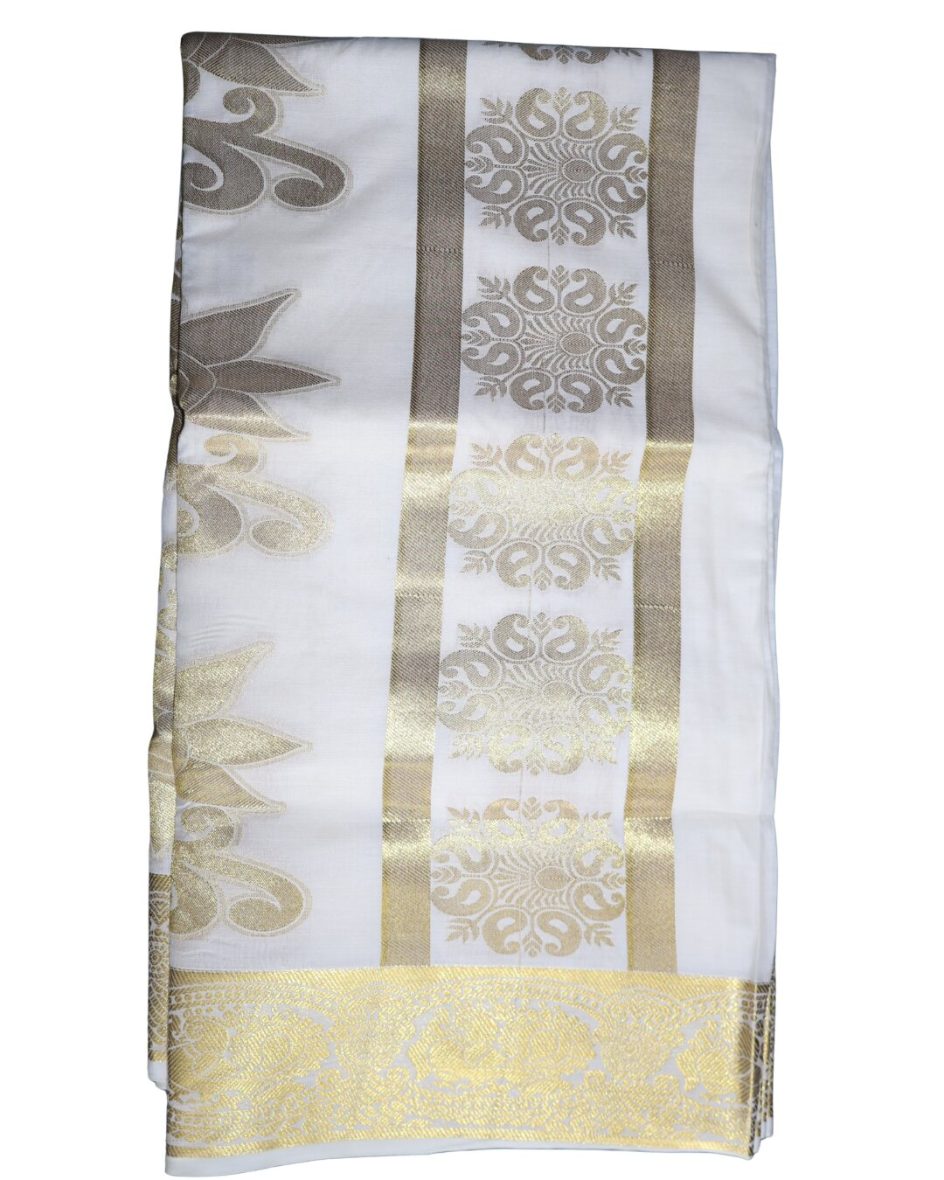 Exquisite Kerala Set Saree with Intricate Mandala & Floral Zari Motifs
