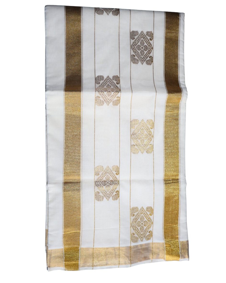 Premium Kerala Set Saree with Golden Kasavu and Floral Butta Design- With Blouse