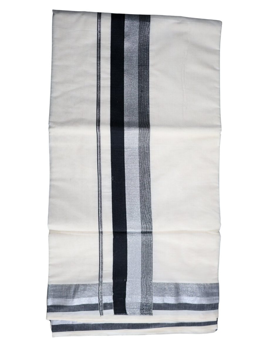 Elegant Kerala Set Saree with Silver Zari and Black Border