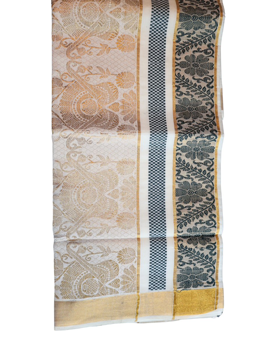 Kerala Traditional Veena & Floral Embroidery Set Saree-With Blouse