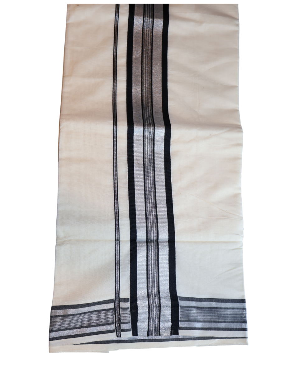 Kerala Traditional Silver and Black Stripe Set Saree