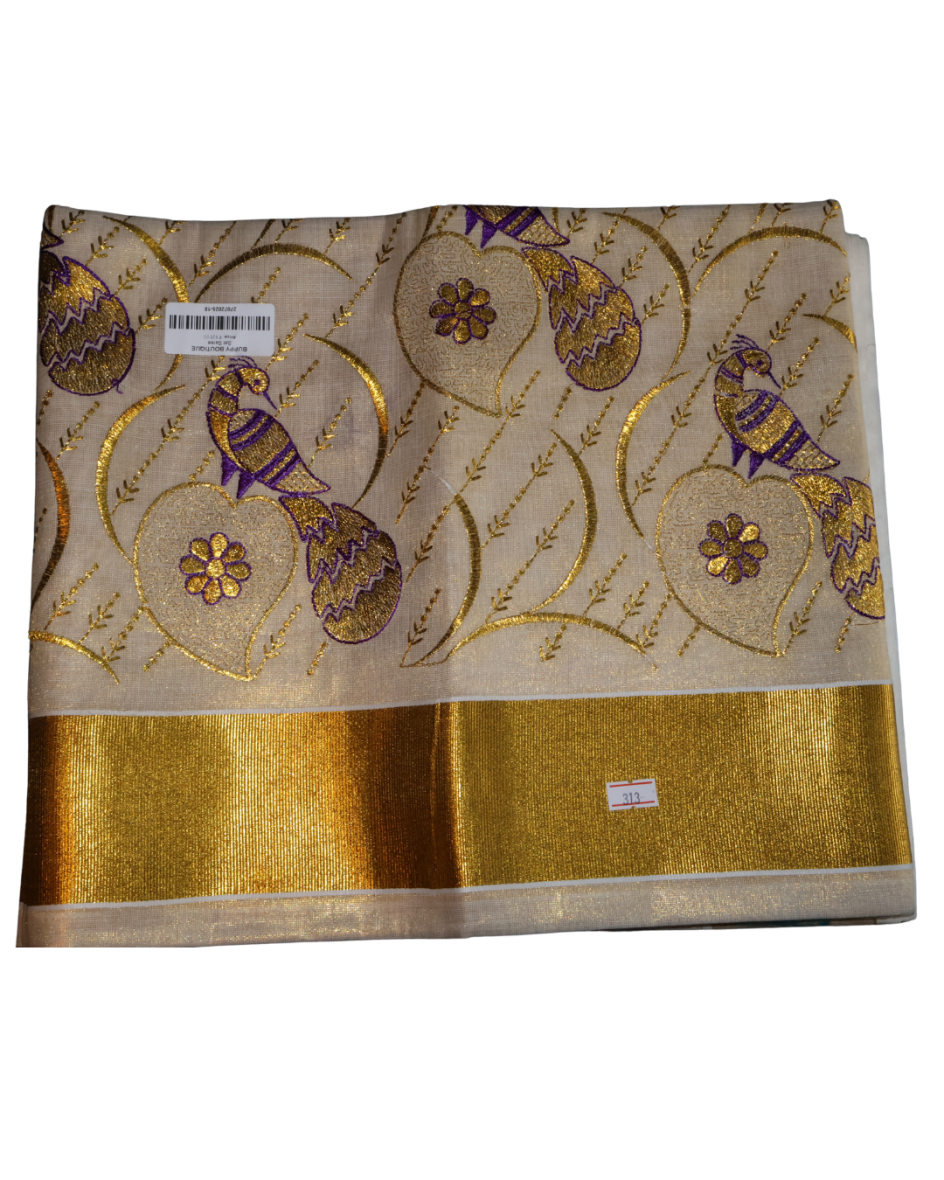 Kerala Traditional Golden Peacock & Heart Embroidery Set Saree