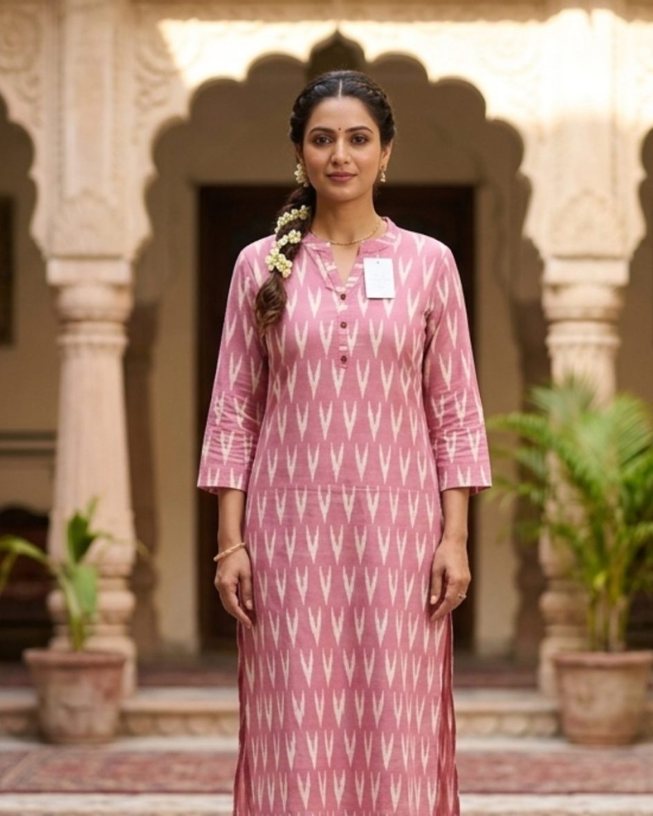 Blush Pink Ikat Print Kurti -Top with Mandarin Collar & Button Detail