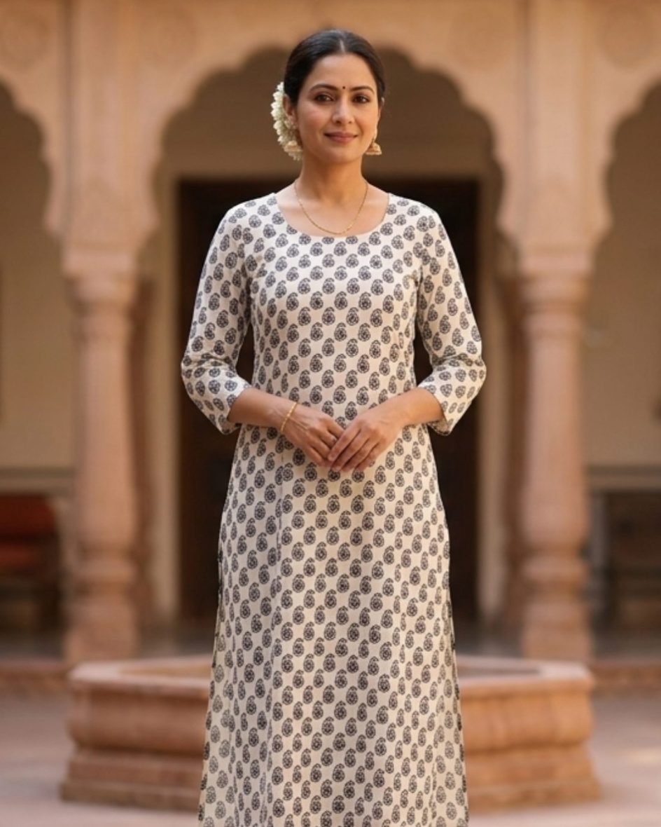 Classic White & Black Block Print Kurti- Top