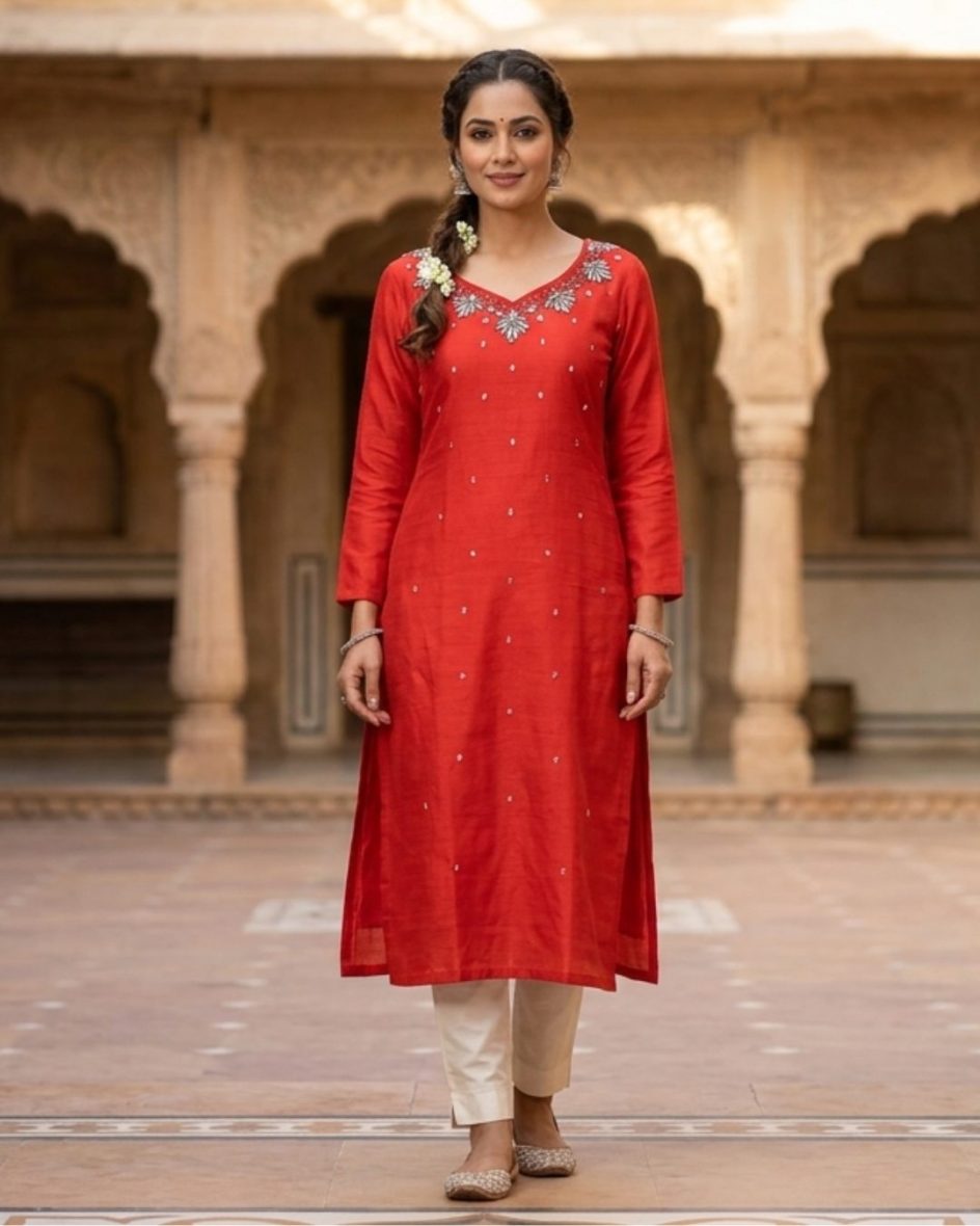 Radiant Red Silk-Blend Kurti Top with Hand-Worked Sequin Neckline