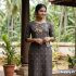 Charcoal Grey & Mustard Floral Kurti with Embroidered Yoke