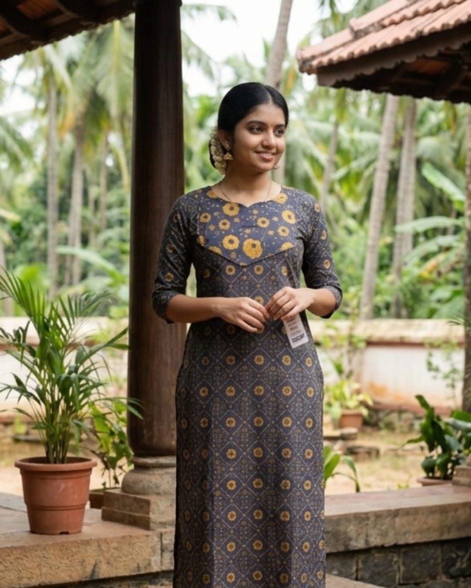 Charcoal Grey & Mustard Floral Kurti with Embroidered Yoke