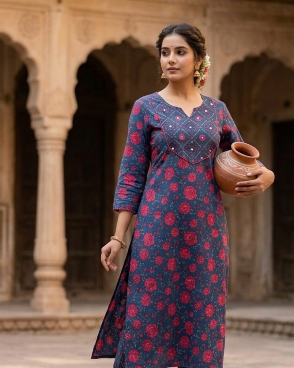 Floral Printed Blue Kurta with Pink Flower Embellishments