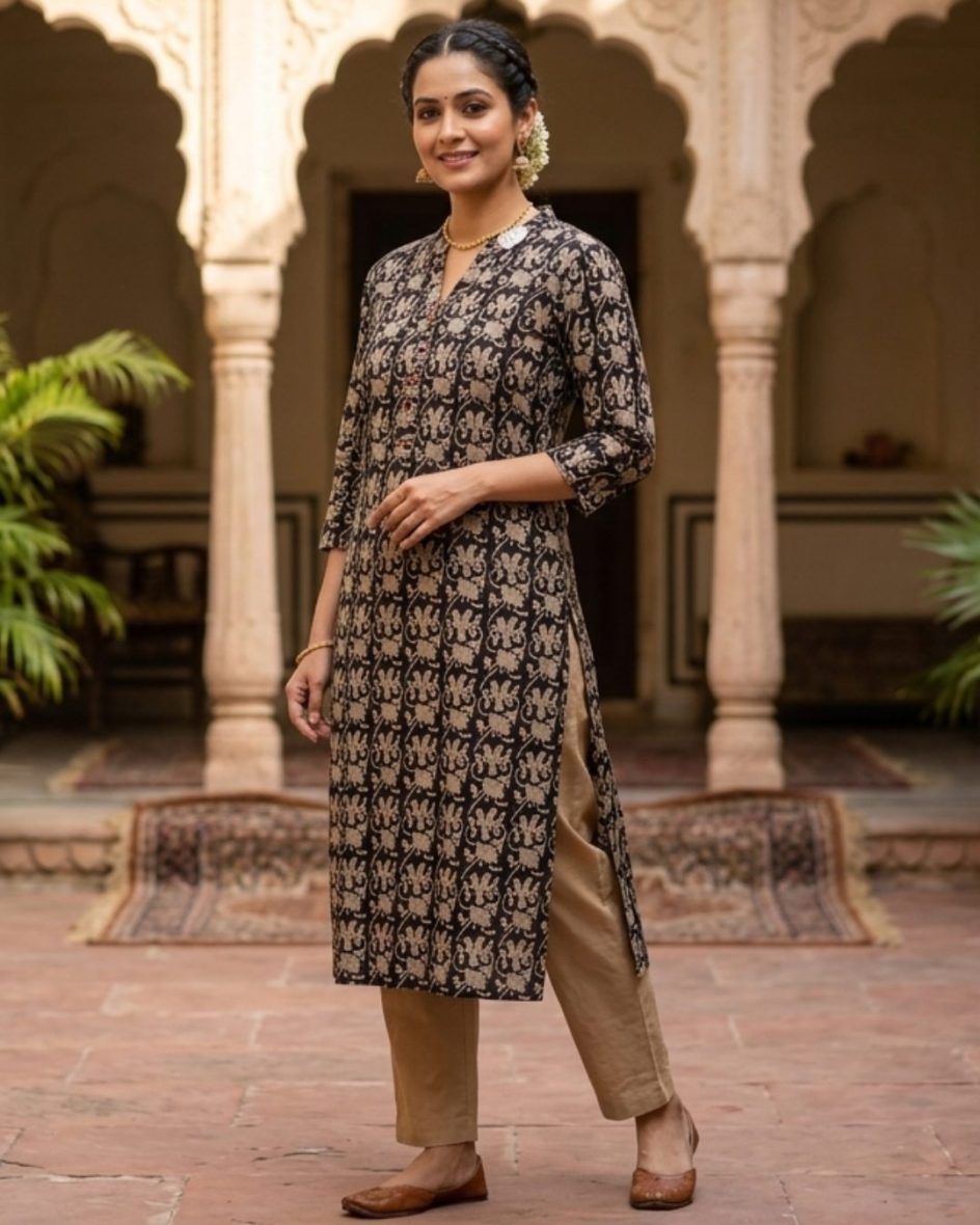 Midnight Floral Kurti Top with Lining & 3/4 Sleeves (XL)